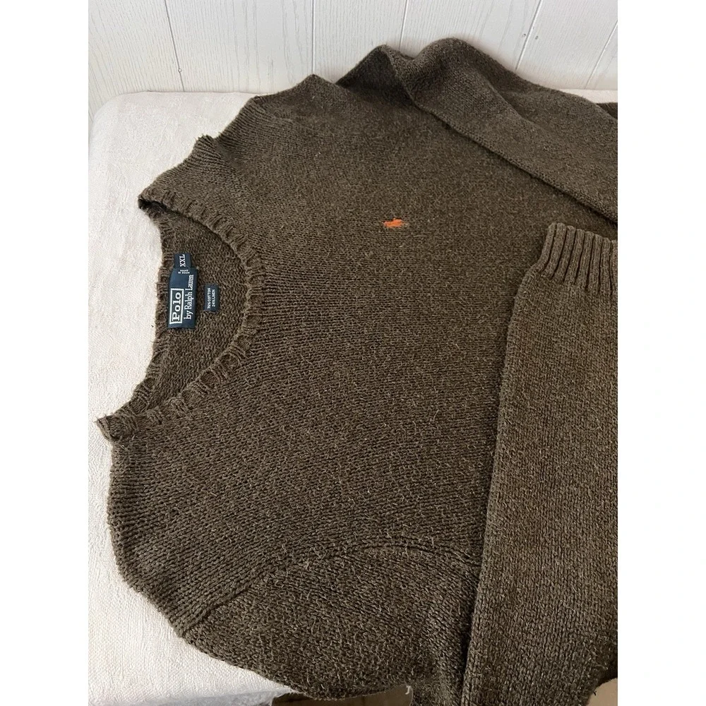 Polo Ralph Lauren Sweater Men's XXL Brown Knit Cotton Linen Blend Long Sleeve